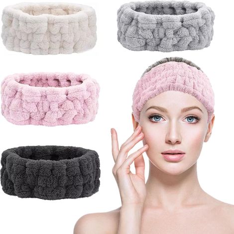 4 Pièces Bandeau Maquillage, Cheveux Femme, Spa Démaquillage Élastique Moelleux, Skincare, Soin Visage pour Fille Sport Yoga (Noir+Blanc+Rose+Gris) (1/5)