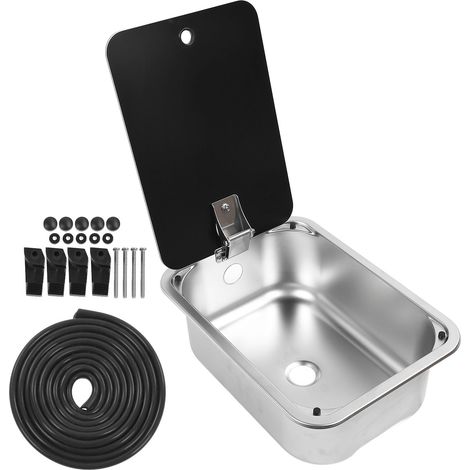 Évier de bar à cuve unique pour camping-car, 15X11, 5,4 pouces, carré en acier inoxydable avec couvercle en verre trempé et trou de vidange de 40mm pour bateau caravane (1/5)
