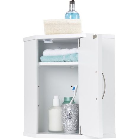 BATHROOM CORNER CABINET // WHITE WOODEN WALL-MOUNTED CUPBOARD WITH ADJUSTABLE SHELF (1/5)