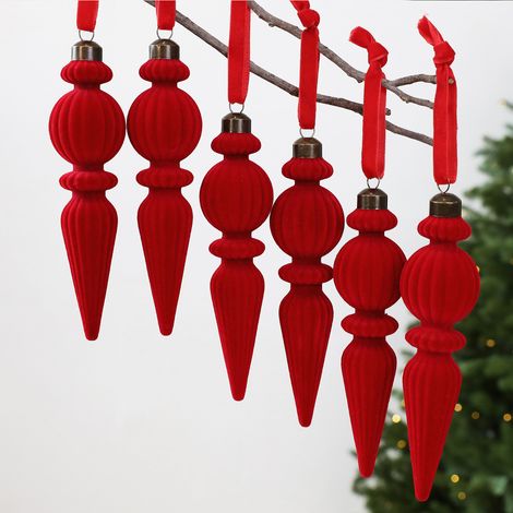 Set mit 6 samtbezogenen Eiszapfen-Weihnachtsbaumkugeln, 17 cm – weinrote, unregelmäßige Weihnachtskugeln – dekorative Hängeaccessoires für den Weihnachtsbaum (1/3)