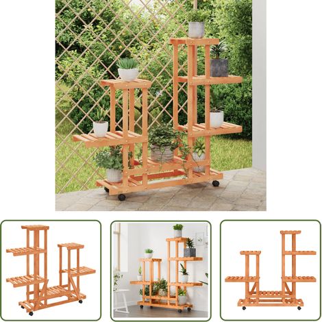 The Living Store Support à fleurs avec roues 95x25x101 cm bois massif de sapin - Support Plante - Meuble Jardin - Rangement Extérieur - Étagère Fleurie - Jardinière Mobile (1/5)