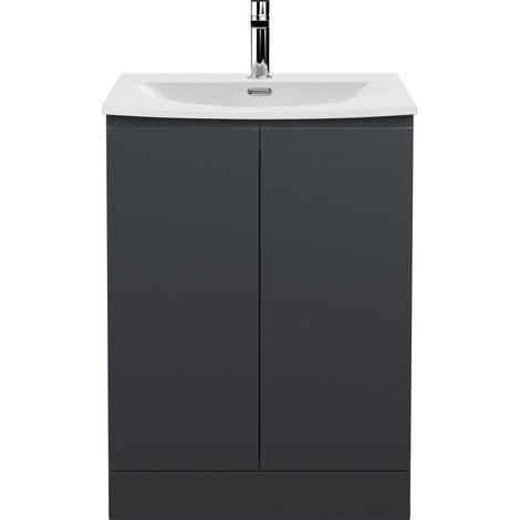 Mavesyn Contemporary 2 Door Floor Standing Vanity Unit with Curved Basin, Dark Grey, 600mm