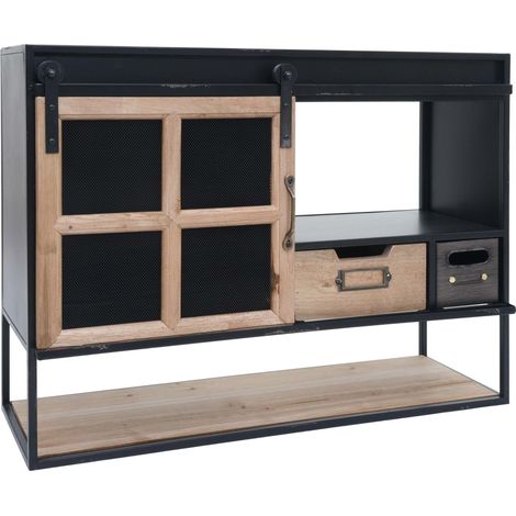 Estantería de pared HHG-590, estantería colgante, estantería suspendida, cajones, compartimentos de almacenamiento, puerta corredera, estilo vintage y shabby, madera y metal, 52 x 67 x 22 cm (1/5)
