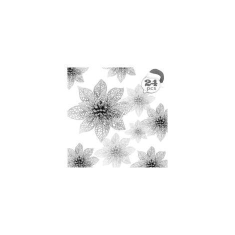 Houhence – Set de 24 flores artificiales de flor de Pascua plateadas brillantes – Decoración para Navidad, bodas y fiestas – Tamaños 8/10/14 cm – PVC resistente – Crezuo