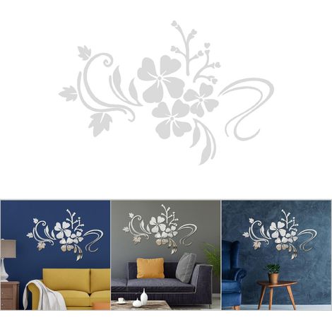 Miroir de salon, décoration murale amovible en plastique argenté avec motif floral (1/5)