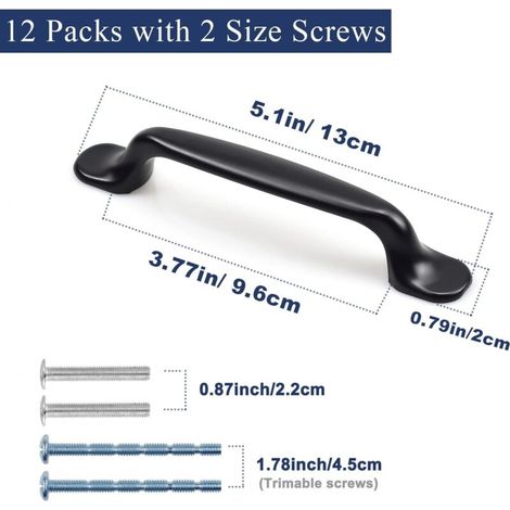 12 Pcs Black Kitchen Handles, Furniture Handles, Cupboard Handles, Drawer Handles with 2 Size Screws, Perfect for Bedroom Bathroom Furniture Cabinet (96mm) (1/5)