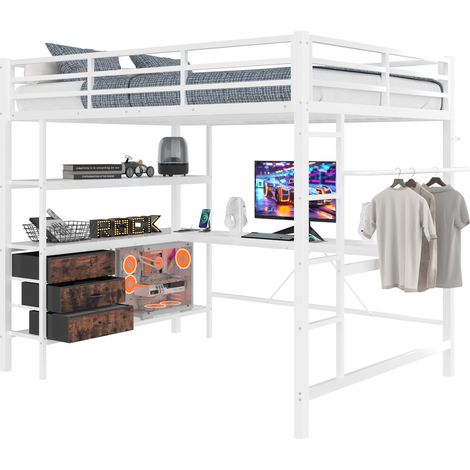 Lit mezzanine 140x200 cm avec bureau, LED, prises USB, 3 tiroirs, étagères et échelle sécurisée, structure métal et MDF, blanc, gain de place – CHICFURN (1/5)