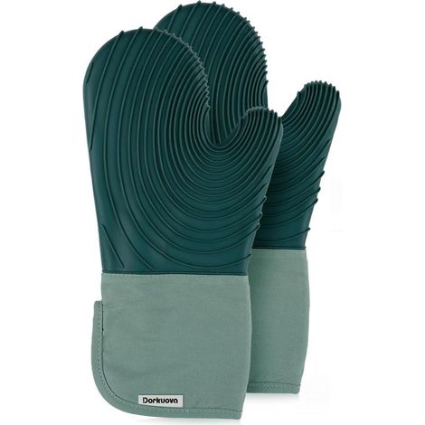 Ensemble de gants de cuisine en silicone, mitaines doublées en coton, sans BPA, gants de cuisson longs et trépied, gants de gril en silicone, 2 pièces (vert) (1/5)