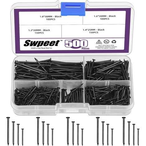 Kit d'assortiment de 500 clous de 4 tailles, clous noirs galvanisés, petits clous, clous à tête épingle, clous de finition, clous pour suspension, clous muraux pour accrocher des images (1/5)