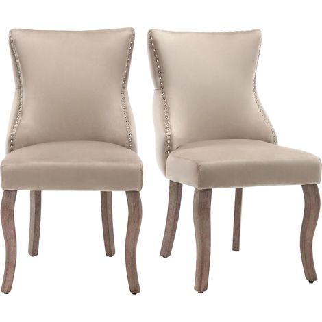 Chaise de salle à manger (chaise de salon avec capitonnage à boutons unique au dos, lot de 2), chaise rembourrée avec clous décoratifs, revêtement en velours, pieds galbés en bois massif, beige (chang (1/5)