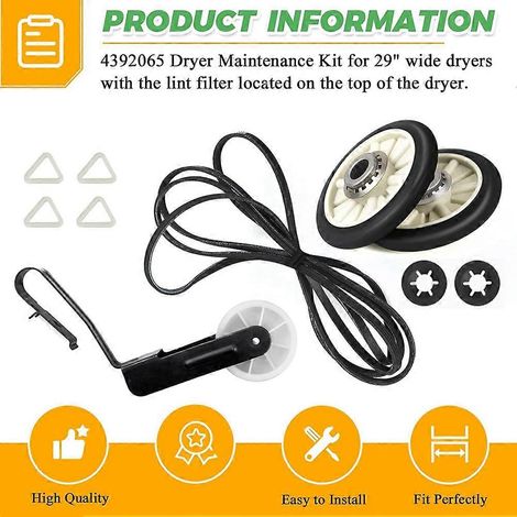 Le kit de réparation de sèche-linge 4392065 convient aux sèche-linge Whirlpool et Kenmore et comprend le kit de tambour 349241T, l'engrenage fou 691366 et le kit de remplacement de courroie 341241. (1/5)