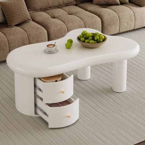 Mesa de centro blanca irregular, ideal para salón o dormitorio. Fabricada en MDF, con 2 cajones. Medidas: 97 × 64 × 42 cm (1/5)