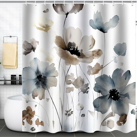 Cortina de ducha, estampado floral acuarela, poliéster, impermeable, ganchos incluidos, baño (1/5)