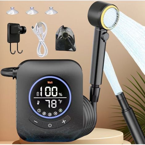 Douche de camping – Pompe de douche électrique portable et rechargeable avec 4 modes et écran intelligent – Grise (1/3)
