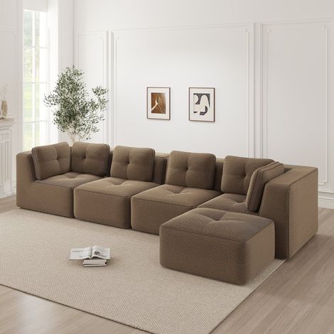 Canapé modulable sans cadre 4 places en velours côtelé marron, assise profonde (1/5)