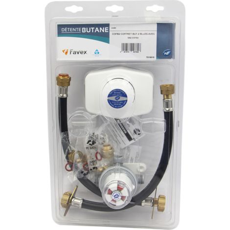 Favex – Kit Butane bi-bouteille – Inverseur automatique avec indicateur service/réserve – Détendeur-déclencheur 2.6 kg/h 28 mbar – 2 lyres 35 cm (1/2)