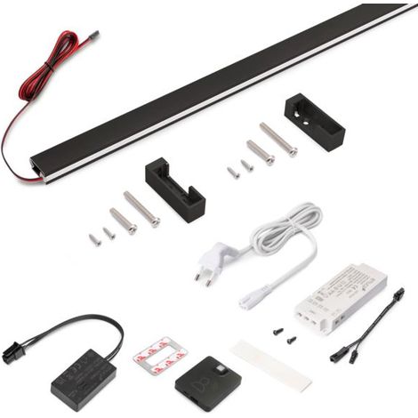 Emuca Kit de barra para armario Luxe, tira LED 4,5x8 Neonlynx V, sensor de movimiento RF Smart y convertidor Smart (24V DC), longitud 900mm, Luz blanca cálida 2.700K, Plástico y Aluminio, Pintado negr