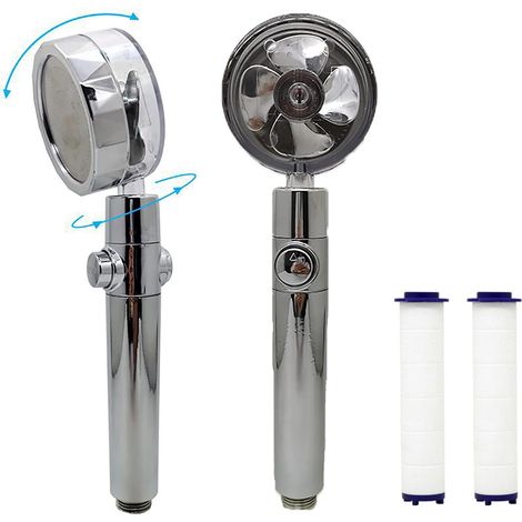 1 cabezal de ducha de alta presión con hélice, boquilla giratoria de 360° para ahorrar agua, accesorio de baño con conexión universal de 2 cm, con 2 filtros de algodón PP (plateados). (1/5)