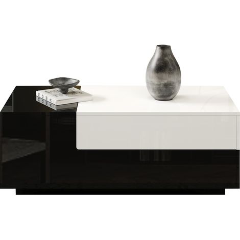 Table basse relevable rectangulaire 100 x 50 x 38 cm blanc et noir avec 2 tiroirs, rangement latéral semi-ouvert et plateau brillant pour salon moderne - CHICFURN (1/5)