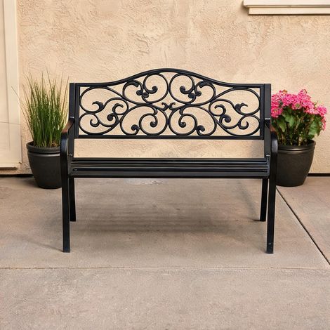 Banque de jardin 3 places en acier et fonte noir 127 x 60 x 89 cm (1/5)