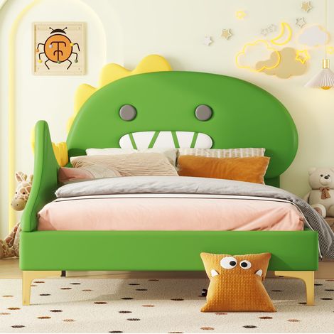 Lit enfant 90 x 200 cm dinosaure en PU vert avec tête de lit ludique et sommier (1/5)