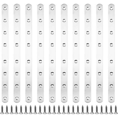 10 pièces 293 x 19 x 3 mm Pattes D'assemblage Supports de Fixation Droits Plats Plaques Dassemblage Métalliques en Acier Inoxydable avec 80 vis de Fixation pour Cadres de Lit, Chaises, Tables
