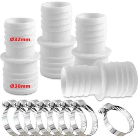 Lot de 4 raccords pour Tuyau Piscine, Raccord de Tuyau avec Colliers de Serrage, Ø 32 mm vers 38 mm de diamètre avec 8 colliers de serrage, Adaptateur de Tuyau de Piscine, Adaptateurs de Tuyau(blanc) (1/5)