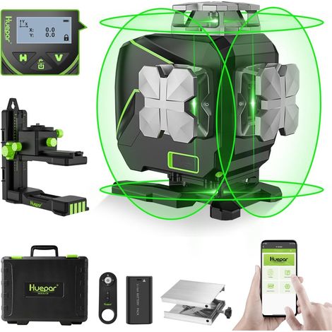 Huepar 16 Linien-selbstnivellierendes Laserniveau 4 x 360 ° mit LCD-Bildschirm, 4D Bluetooth Grüner Strahl Laserwerkzeug, Horizontal/Vertikal Laser -Fernbedienung & Hartschalenkoffer S04CG-C
