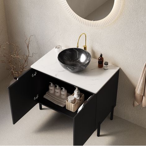 Mobile bagno freestanding 76 cm nero con lavabo tondo, top in gres bianco Carrara, OKWISH (1/5)