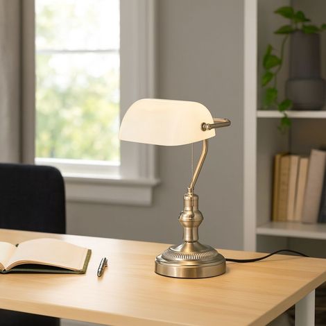 Lampe de table vintage "BANQUERO" - E27 - Nickel - Blanc