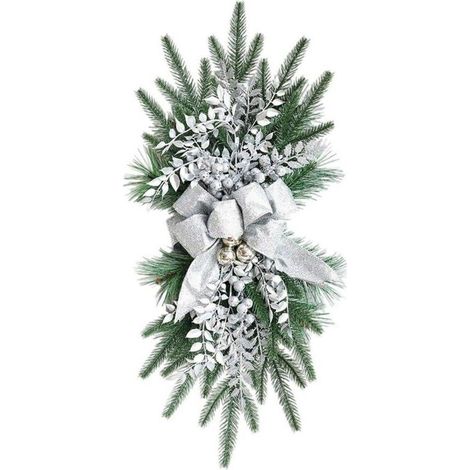22" Artificial Teardrop Christmas Garland with Large Printed Bow, Christmas Baubles, Rose, Snow, Frosted Branches, Stair Wreath for Indoor Decoration C (1/5)