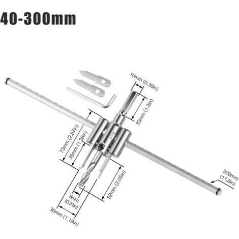 NALOOKAMIC  Scie Cloche Reglable Bois 40 mm à 300 mm, Foret de Trou Circulaire Réglable Trépan, Avion Forage Menuiserie Percer des Perceuse Trous Trépan Extensible Pour Trous sur Bois Plastique Plâtre (1/3)