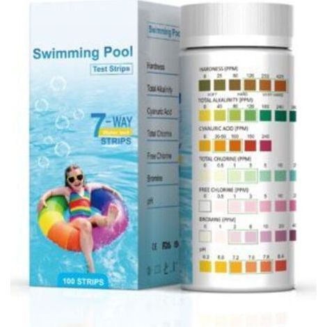Lot de 100 bandelettes de test pour piscine - pH et chlore 7 en 1 - Dureté de l'eau - pH total - Chlore libre - Alcalinité totale, brome, acide cyanurique (1/5)