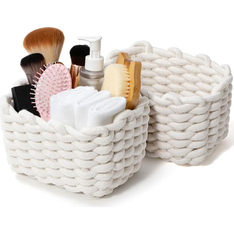 Ensemble de 2 paniers de rangement — Paniers décoratifs tressés avec pompons (rangement adaptés à la chambre)  Petits paniers de rangement en corde de coton de style bohème  Dimensions : 20 x 15 x 13  (1/4)