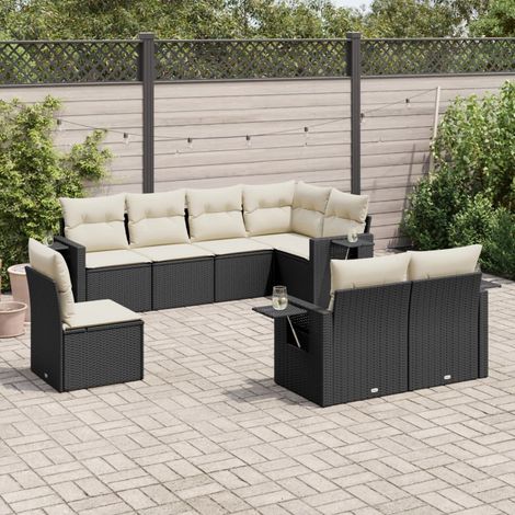 Ensemble de jardin 8 places en résine tressée noir avec coussins crème - Salon modulaire avec tables d'appoint (1/5)