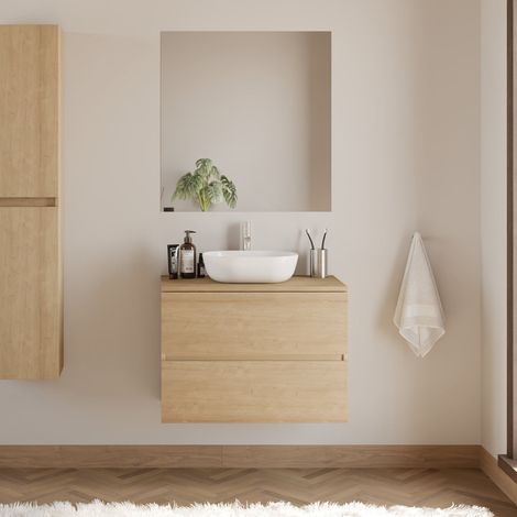 Meuble de salle de bain 60cm avec plateau et vasque à poser arrondie - 2 tiroirs - nebraska (chêne clair) - IDA (1/5)