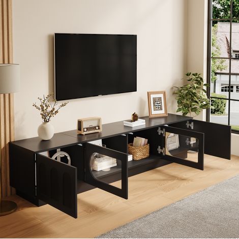 TV-Lowboard 200 x 40 x 42 cm aus schwarzem MDF mit LED und Stauraum – MEUBLIV (1/5)