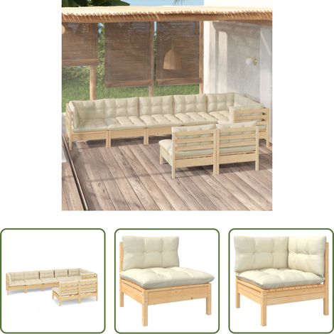 Terrassensofa - 8-tlg. Garten-Lounge-Set mit Creme Kissen Massivholz Kiefer (1/5)