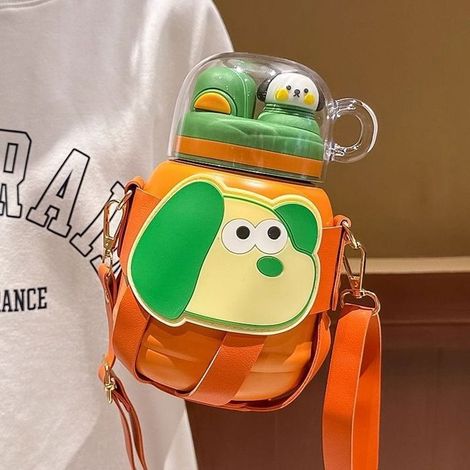 Niedliche Thermoskanne mit Cartoon-Motiv, großes Fassungsvermögen und tragbar, orangefarbener Thermobecher für draußen mit großem Bauch (1/4)