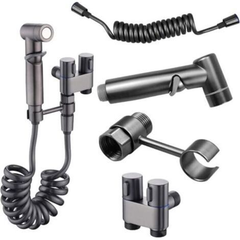 Kit de douche WC avec vanne à 3 voies en laiton avec robinet d'arrêt - Kit bidet WC pistolet gris adapté aux salles de bains et to