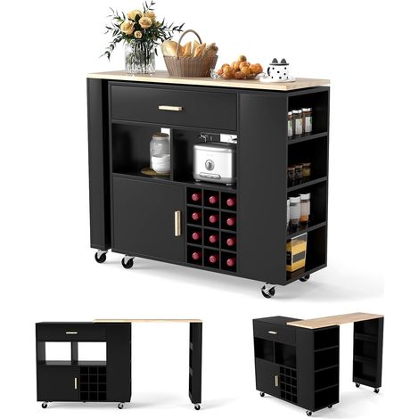 GOPLUS Îlot Central Cuisine avec Table Rotative, Desserte à roulettes Cuisine avec Armoire, Casier à Vin, Tiroir, Porte-épices, Rouletes Pivotant 360° Vérouillable, 120x40x100cm (Noir)