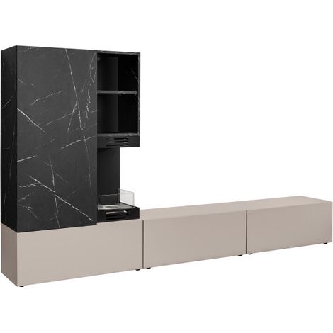 Ensemble meuble TV mural Gina avec cheminée bioéthanol - Bois MDF gris argile et effet marbre noir - 270 x 158 x 40 cm - Livraison gratuite (1/5)