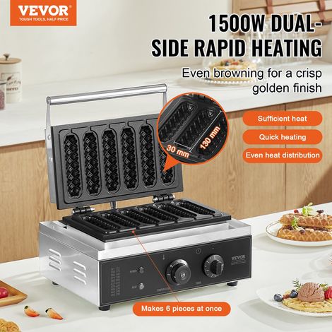 Gaufrier Commercial, 6 Pièces 1500W Gaufrier Machine, Gaufrier Antiadhésif en Acier Inoxydable pour Hot Dog avec Contrôle de la Tem… (1/5)