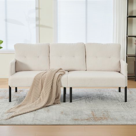 Canapé 3 places 171x72x80 cm beige, poche latérale, tissu côtelé et pieds en métal MEUBLIV (1/5)