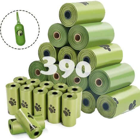 390 sacs biodégradables pour crottes de chien, 26 rouleaux de sacs avec distributeur, sacs portables étanches 33 x 22 cm, (1/5)