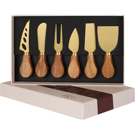 Wood Lot de 6 couteaux à fromage en acier inoxydable avec boîte cadeau.(poignée en chêne)