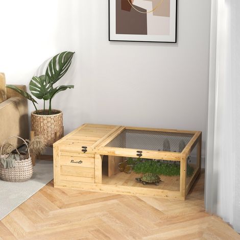 Enclos en bois pour tortues avec abris et toit à charnières, 91 x 60,5 x 32 cm, jaune – idéal terrarium extérieur et intérieur (1/4)