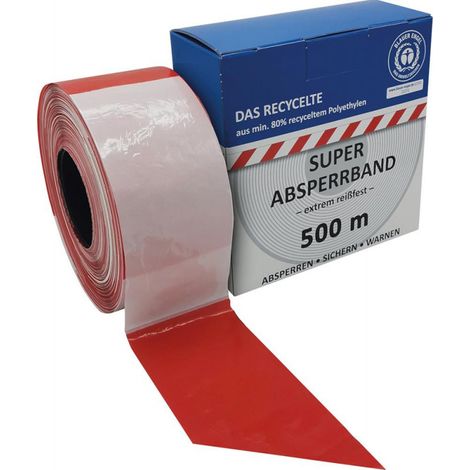 Rotolo di nastro barriera da 500 m rosso/bianco Blue Angel composto da almeno l'80% di materie prime riciclate
