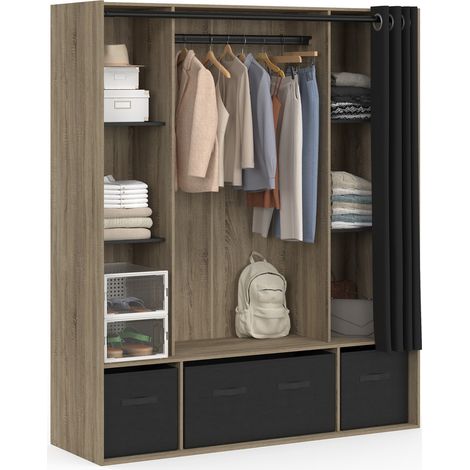 Doppelkleiderschrank DIANE 140 x 50 x 172 cm Buche mit Regalen + Aufbewahrungsboxen + schwarzer Vorhang