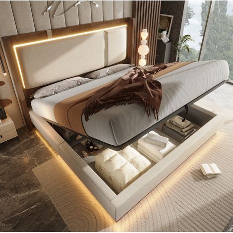 Cama con almacenamiento de 140x190 cm con iluminación LED y sistema hidráulico, somier de láminas, tapizado en lino beige y madera de nogal. (1/5)
